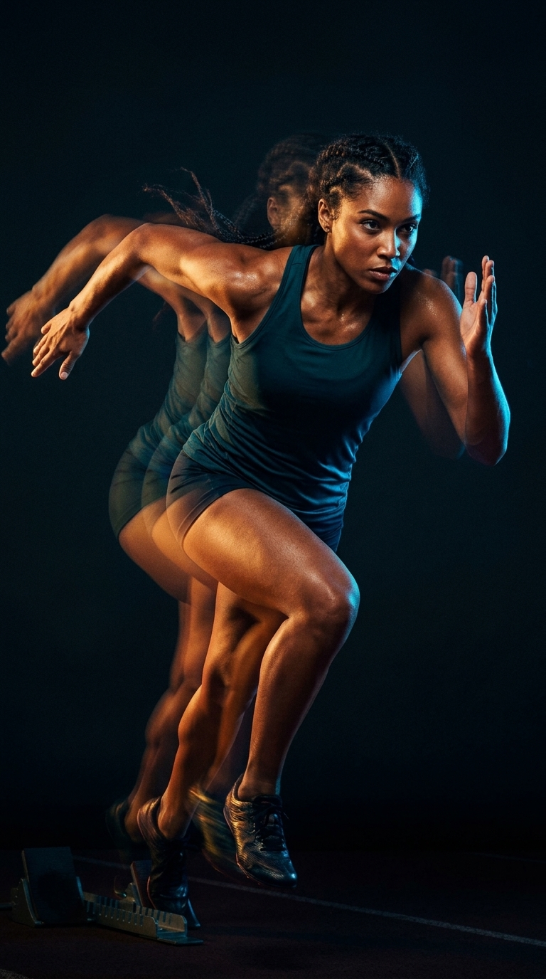 Sprinter launching from starting blocks with motion trails